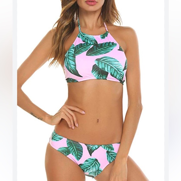 Ekouaer Other - EKOUAER HIGH NECK HALTER TOP BIKINI SWIM SUIT PINK GREEN BLUE Sz Medium
